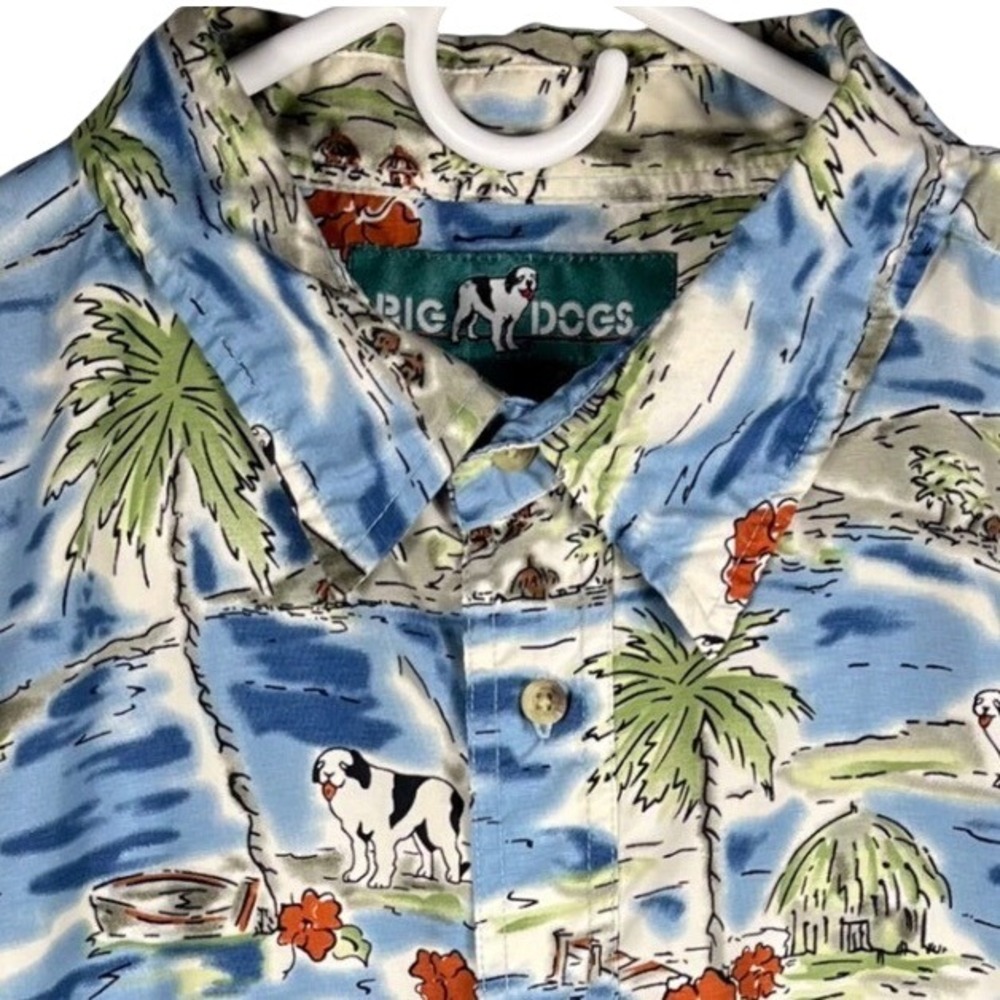 Big Dogs Hawaiian Shirt Mens 2XLT Blue Tropical Island Saint‎ Bernard Button Up